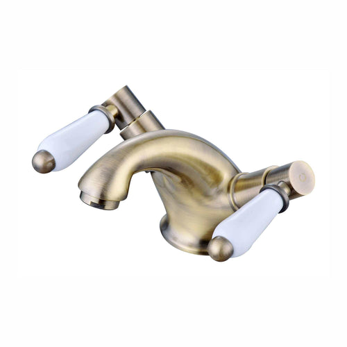 Buy Downton basin mixer tap with white ceramic levers + slotted waste - antique brass online UK
