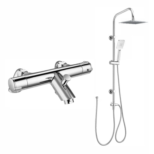 Buy Dune thermostatic bar bath shower mixer valve with dual rigid riser kit, 200mm square overhead rain shower and handheld - chrome online UK