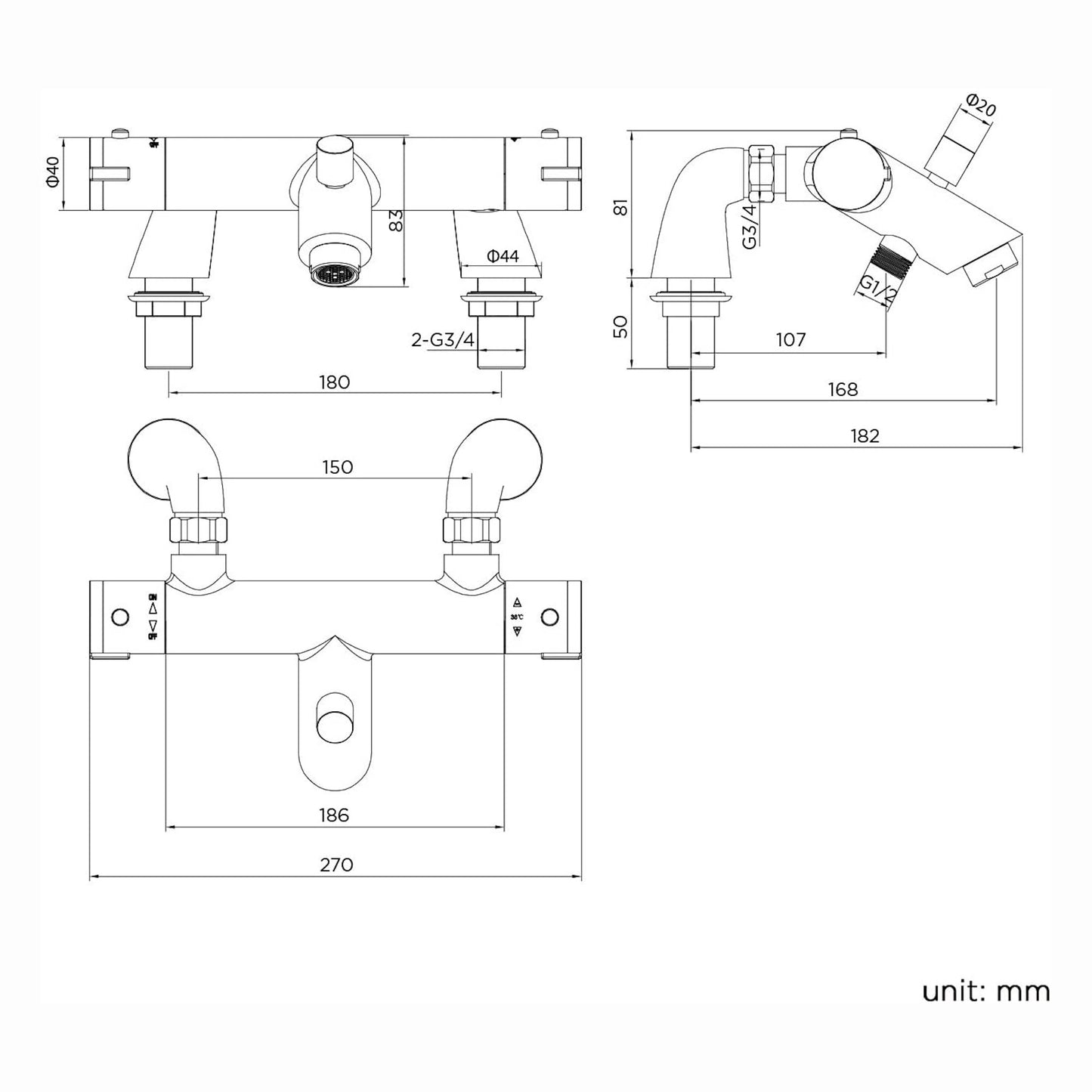 Dune contemporary thermostatic bar bath shower mixer valve 1/2" outlet deck-mount - matt black (no handset)