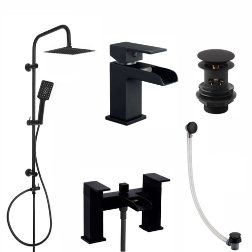 Buy Plaza bundle incl. bath shower mixer tap with dual riser rail, basin mixer, bath and basin wastes - matt black online UK