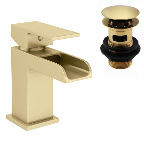 Buy Plaza bundle incl. bath shower mixer tap with dual riser rail, basin mixer, bath and basin wastes - brushed brass online UK
