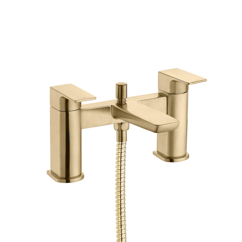 Buy Mykonos bundle incl. bath shower mixer tap with dual riser rail, basin mixer, bath and basin wastes - brushed brass online UK