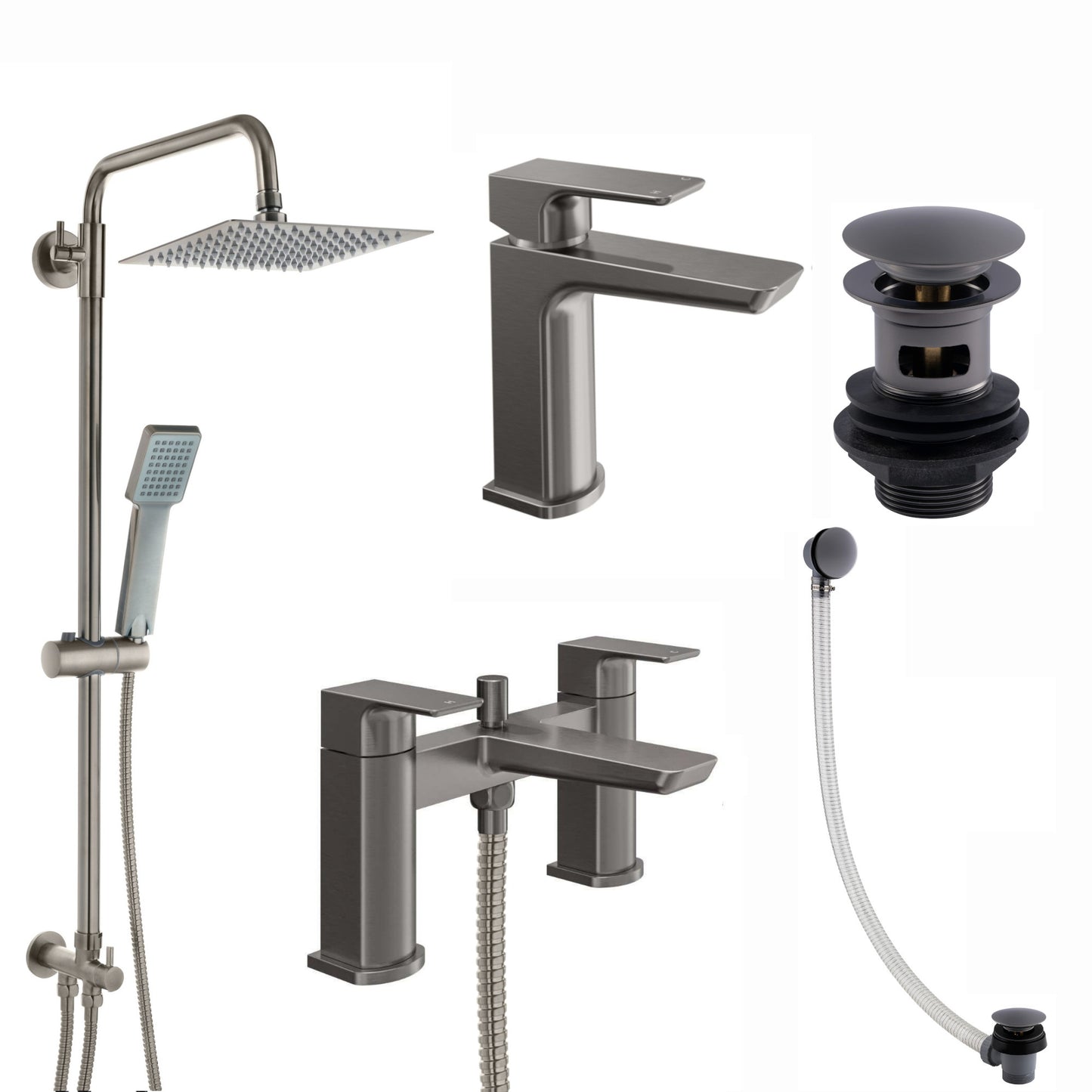 Mykonos bundle incl. bath shower mixer tap with dual riser rail, basin mixer, bath and basin wastes - gunmetal grey