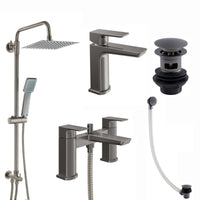 Mykonos bundle incl. bath shower mixer tap with dual riser rail, basin mixer, bath and basin wastes - gunmetal grey