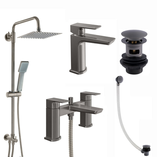 Buy Mykonos bundle incl. bath shower mixer tap with dual riser rail, basin mixer, bath and basin wastes - gunmetal grey online UK
