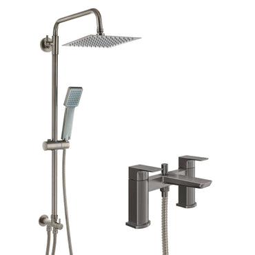 Mykonos bundle incl. bath shower mixer tap with dual riser rail, basin mixer, bath and basin wastes - gunmetal grey