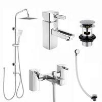 Stella bundle incl. bath shower mixer tap with dual riser rail, basin mixer, bath and basin wastes - chrome