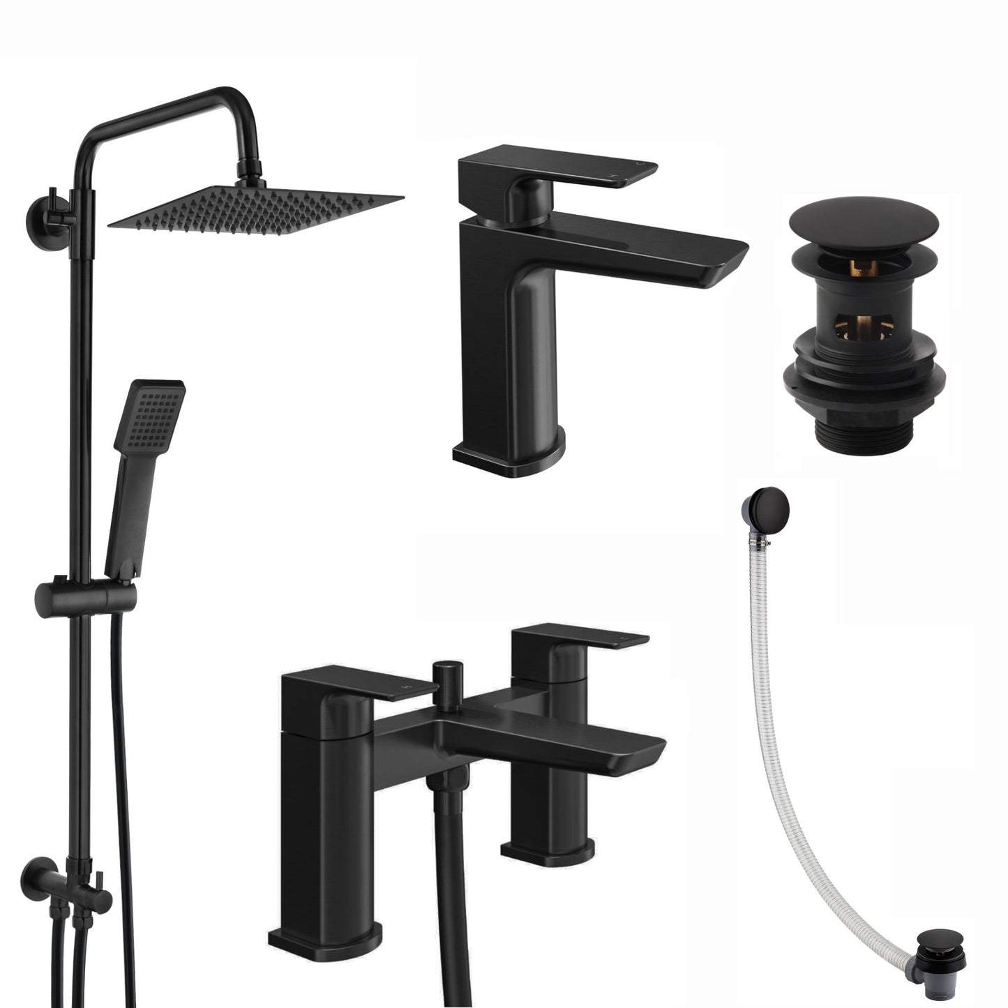 Mykonos bundle incl. bath shower mixer tap with dual riser rail, basin mixer, bath and basin wastes - matt black