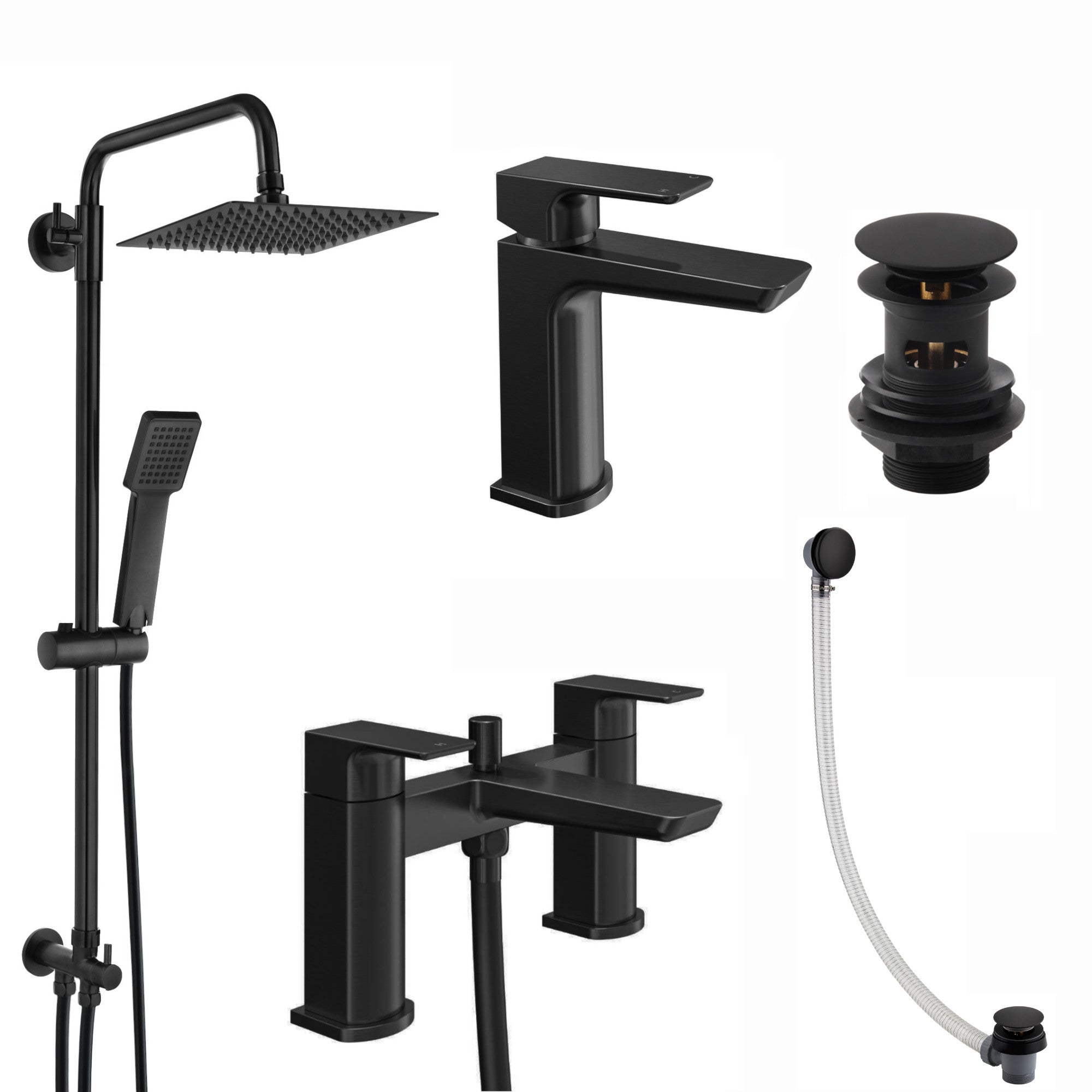 Mykonos bundle incl. bath shower mixer tap with dual riser rail, basin mixer, bath and basin wastes - matt black