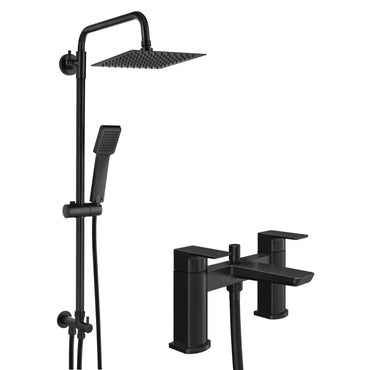 Mykonos bundle incl. bath shower mixer tap with dual riser rail, basin mixer, bath and basin wastes - matt black