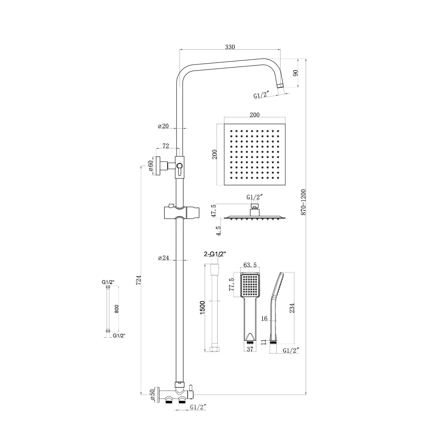 Mykonos contemporary bath shower mixer tap with dual rigid riser - matt black