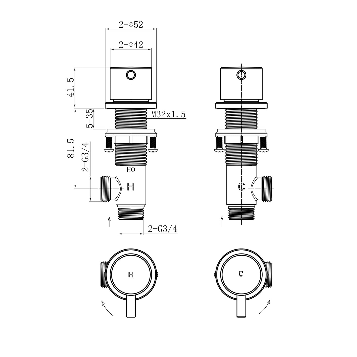 Round overflow bath filler with 3/4" deck bath side valves (pair) - chrome