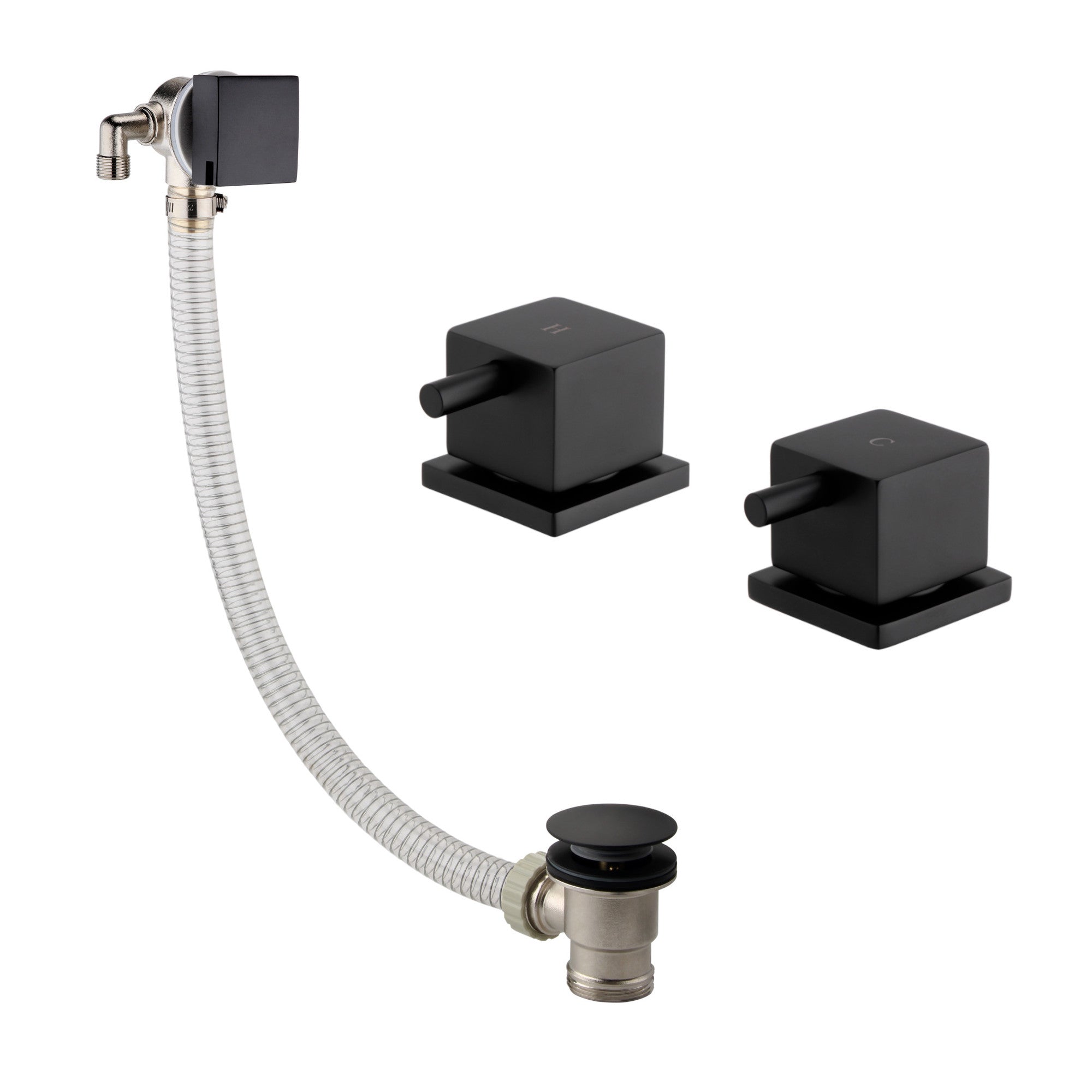 Square overflow bath filler with 3/4" deck bath side valves (pair) - matt black
