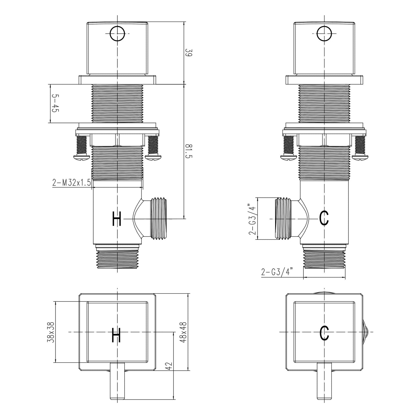 Square overflow bath filler with 3/4" deck bath side valves (pair) - matt black