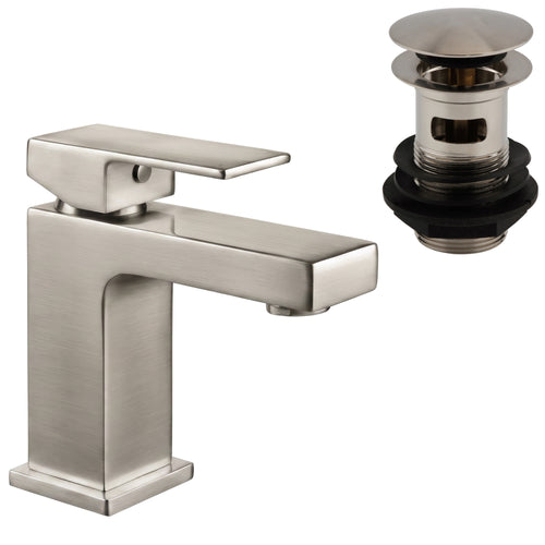 Athena contemporary square basin sink mixer tap + slotted waste - brushed nickel
