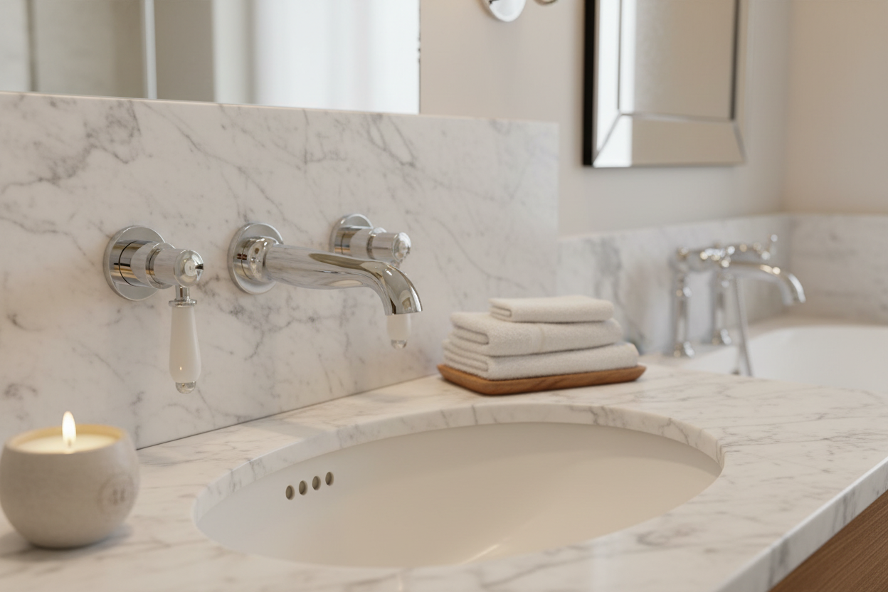 Downton wall-mount basin tap 3 hole with white ceramic levers - chrome