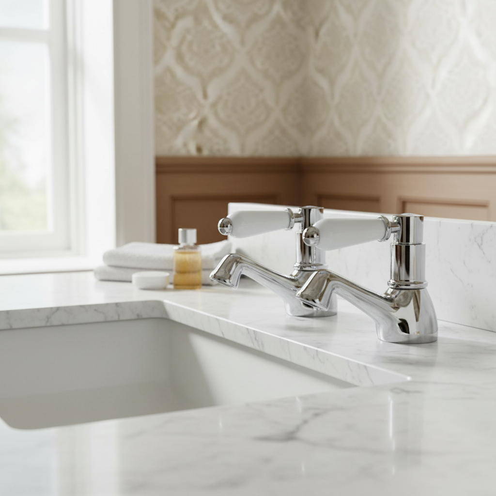 Downton hot and cold basin taps with white ceramic levers - chrome