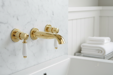 Downton wall-mount basin tap 3 hole with white ceramic levers - gold