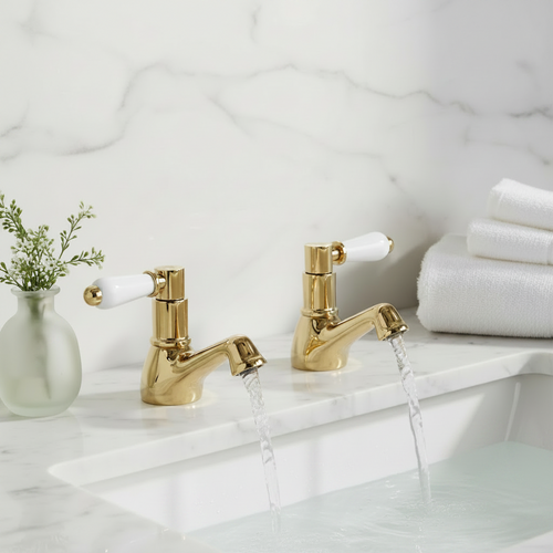 Downton hot and cold basin taps with white ceramic levers - gold