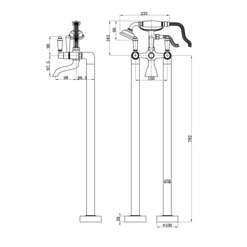 Buy Downton floorstanding bath shower mixer tap with white ceramic levers - gold online UK