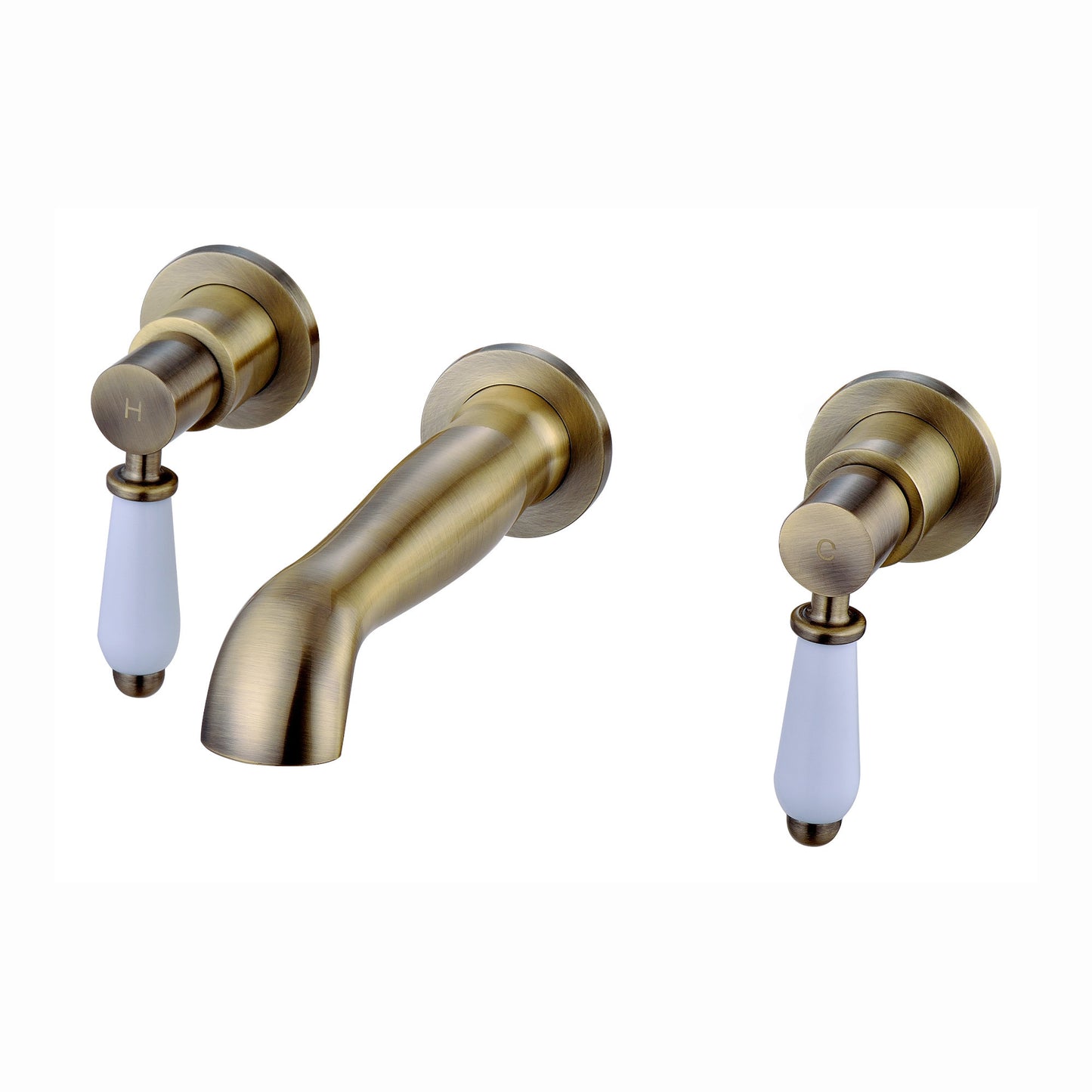 Downton wall-mount basin mixer tap 3 hole with white ceramic levers - antique bronze