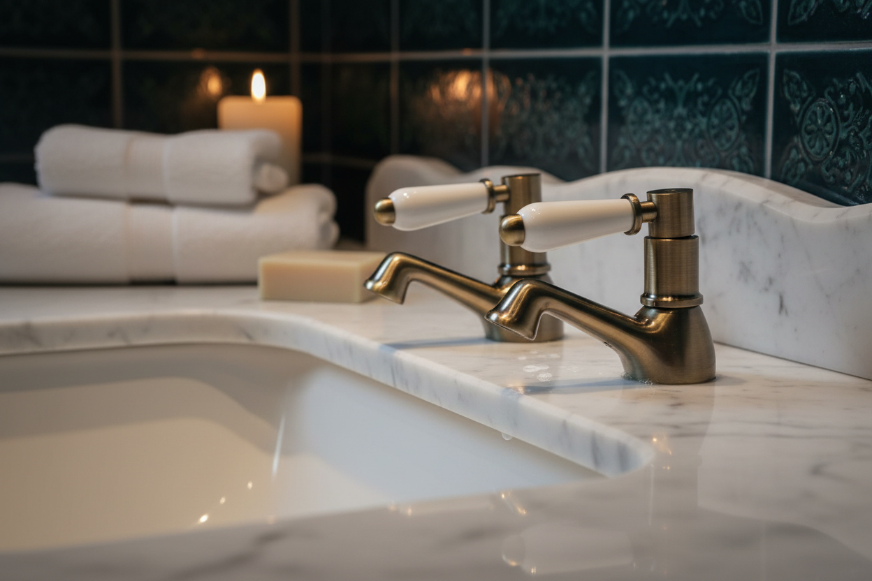 Downton hot and cold basin taps with white ceramic levers - antique brass