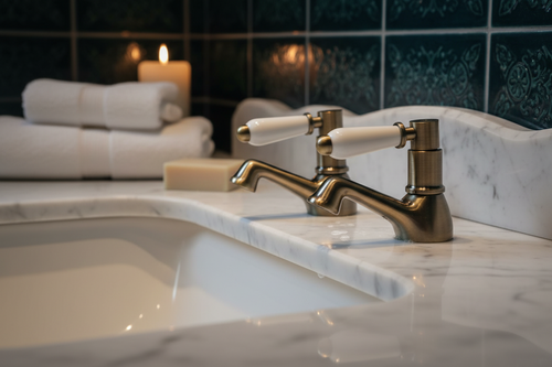 Downton hot and cold basin taps with white ceramic levers - antique brass