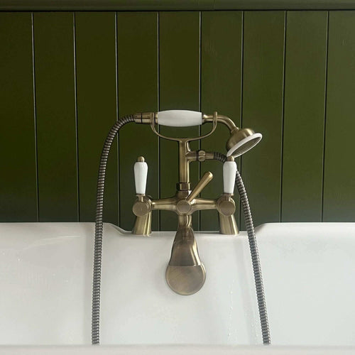 Buy Downton bath shower mixer tap with white ceramic levers - antique brass online UK
