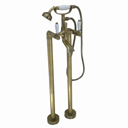 Buy Downton floorstanding bath shower mixer tap with white ceramic levers - antique brass online UK