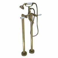 Downton floorstanding bath shower mixer tap with white ceramic levers - antique bronze
