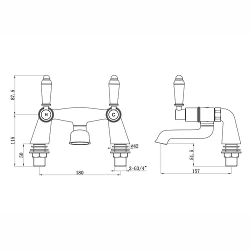 Buy Downton bath mixer tap with white ceramic levers - antique brass online UK