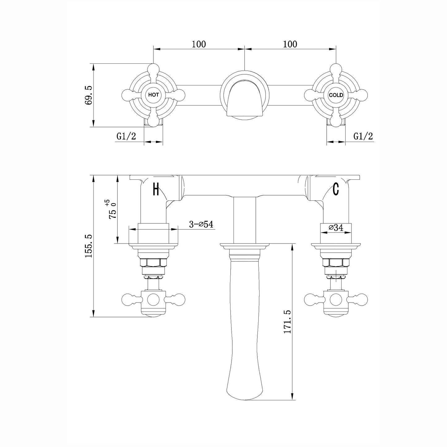 Camberley traditional wall mount basin mixer tap crosshead 3 hole - antique brass