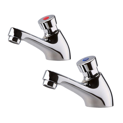 Buy Ergo non concussive twin hot & cold pillar basin taps time adjustable - chrome Online UK | HOUSE OF ENKI