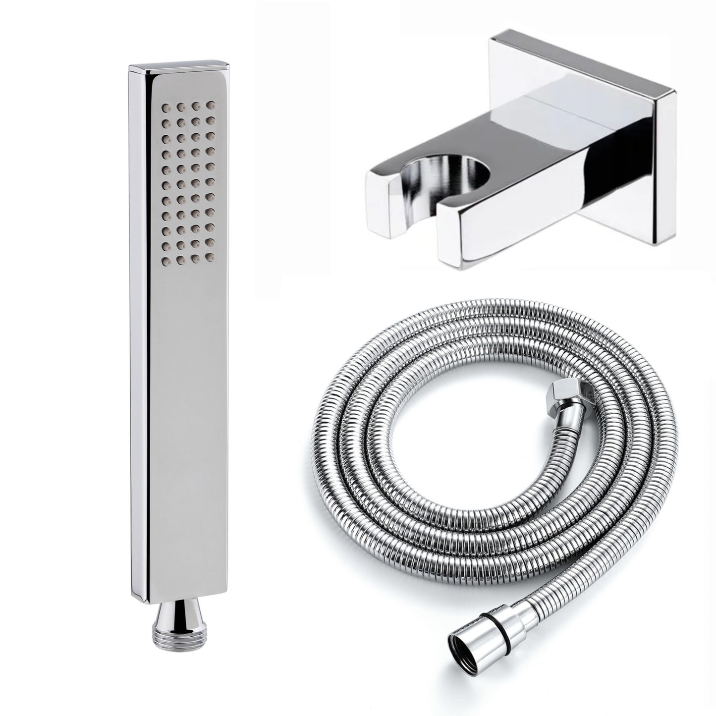 Luxury brass rectangular hand shower kit incl. hose and brass wall bracket - chrome