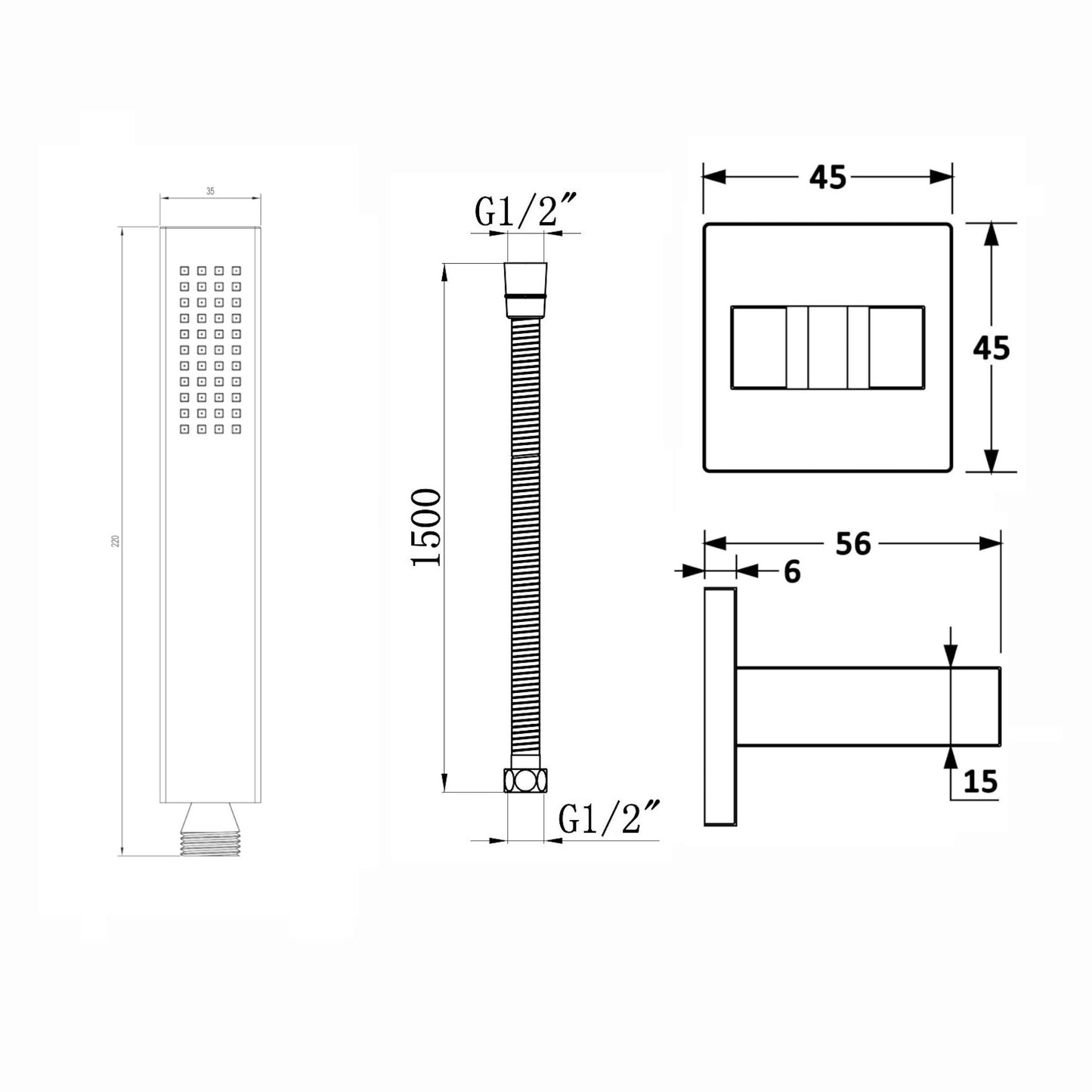 Luxury brass rectangular hand shower kit incl. hose and brass wall bracket - brushed brass