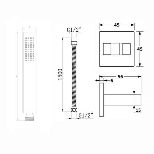 Buy Luxury brass rectangular hand shower kit incl. hose and brass wall bracket - brushed brass online UK