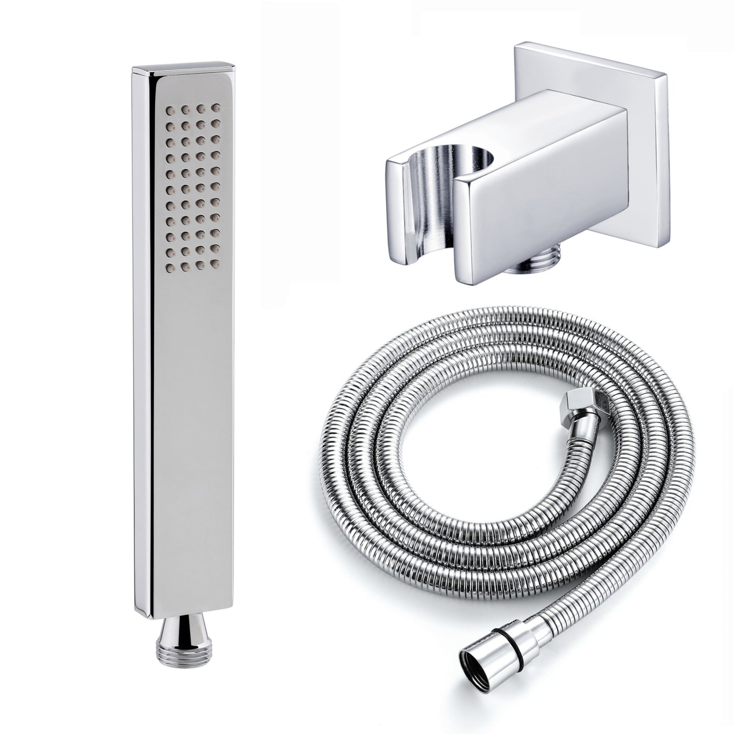 Luxury brass rectangular hand shower kit incl. hose and wall bracket with outlet for concealed installation - chrome