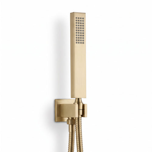 Luxury brass rectangular hand shower kit incl. hose and wall bracket with outlet for concealed installation - brushed brass