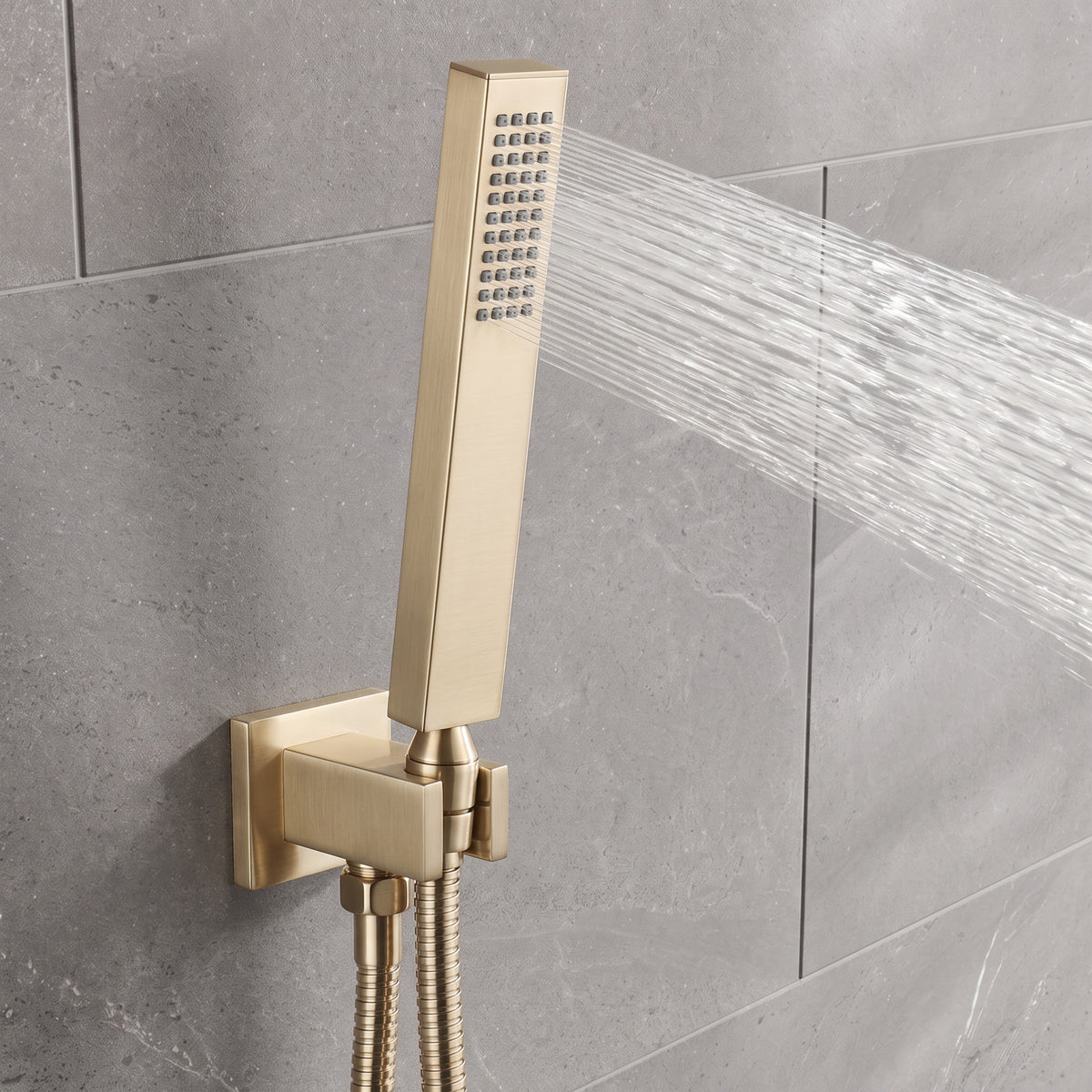 Luxury brass rectangular hand shower kit incl. hose and wall bracket with outlet for concealed installation - brushed brass