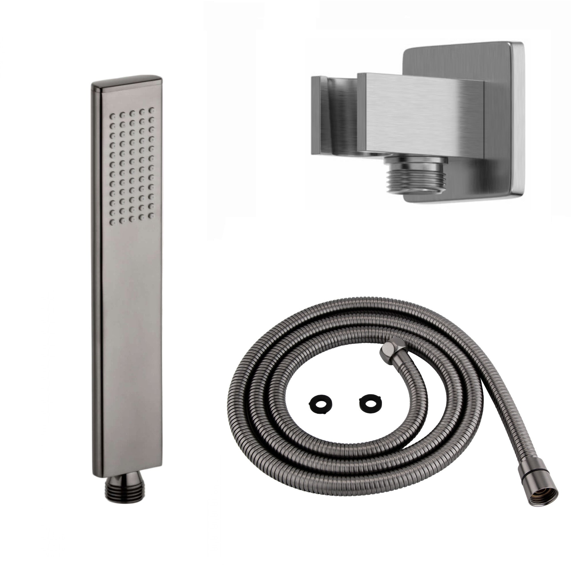 Luxury brass rectangular hand shower kit incl. hose and wall bracket with outlet for concealed installation - gunmetal grey