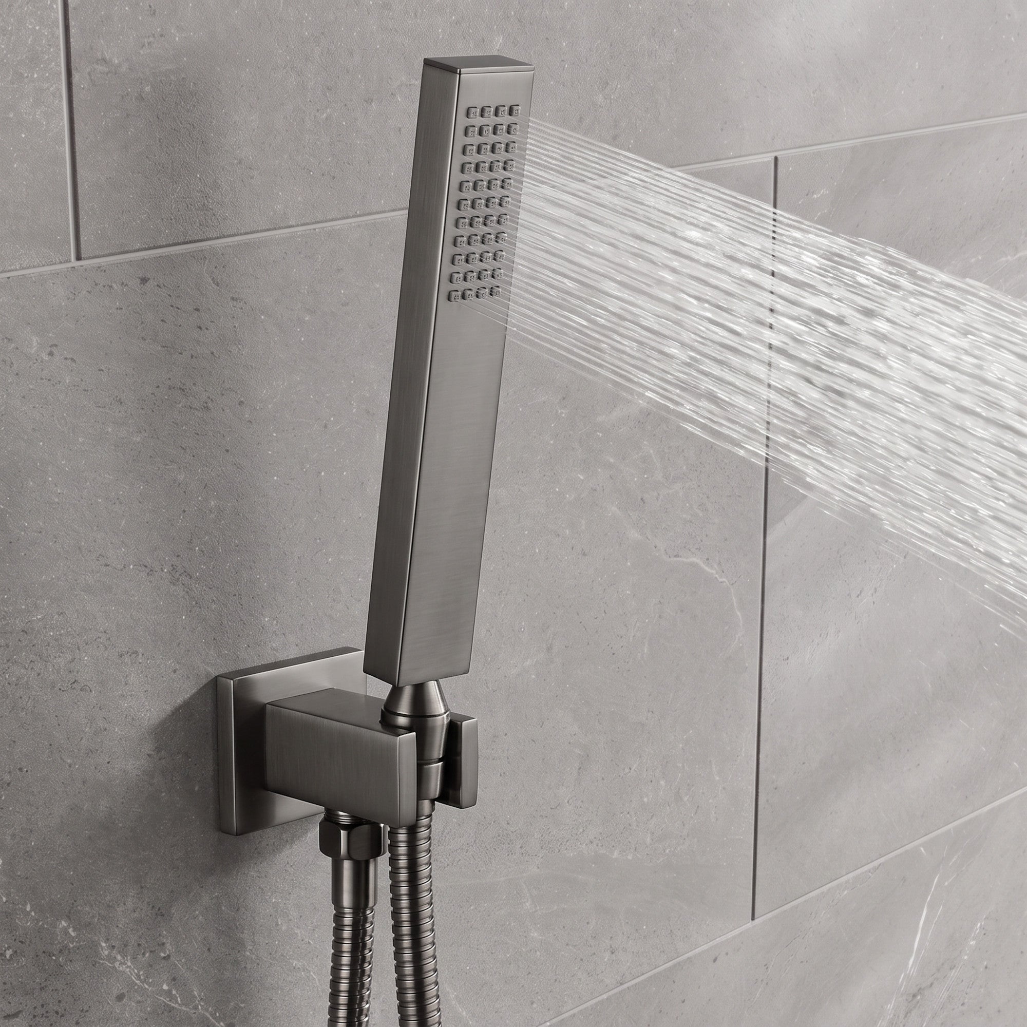 Luxury brass rectangular hand shower kit incl. hose and wall bracket with outlet for concealed installation - gunmetal grey