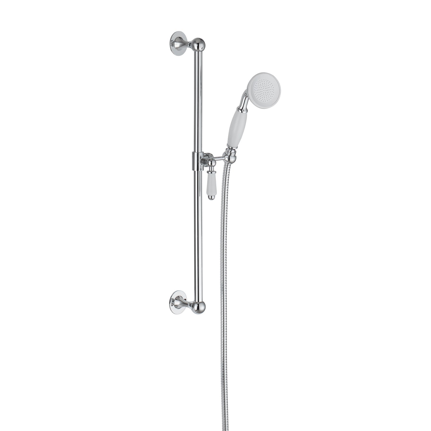 Traditional Shower Slider Rail Kit Lever Design With Brass White Ceramic Handset and Hose - Chrome