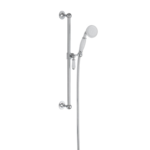 Traditional Shower Slider Rail Kit Lever Design With Brass White Ceramic Handset and Hose - Chrome
