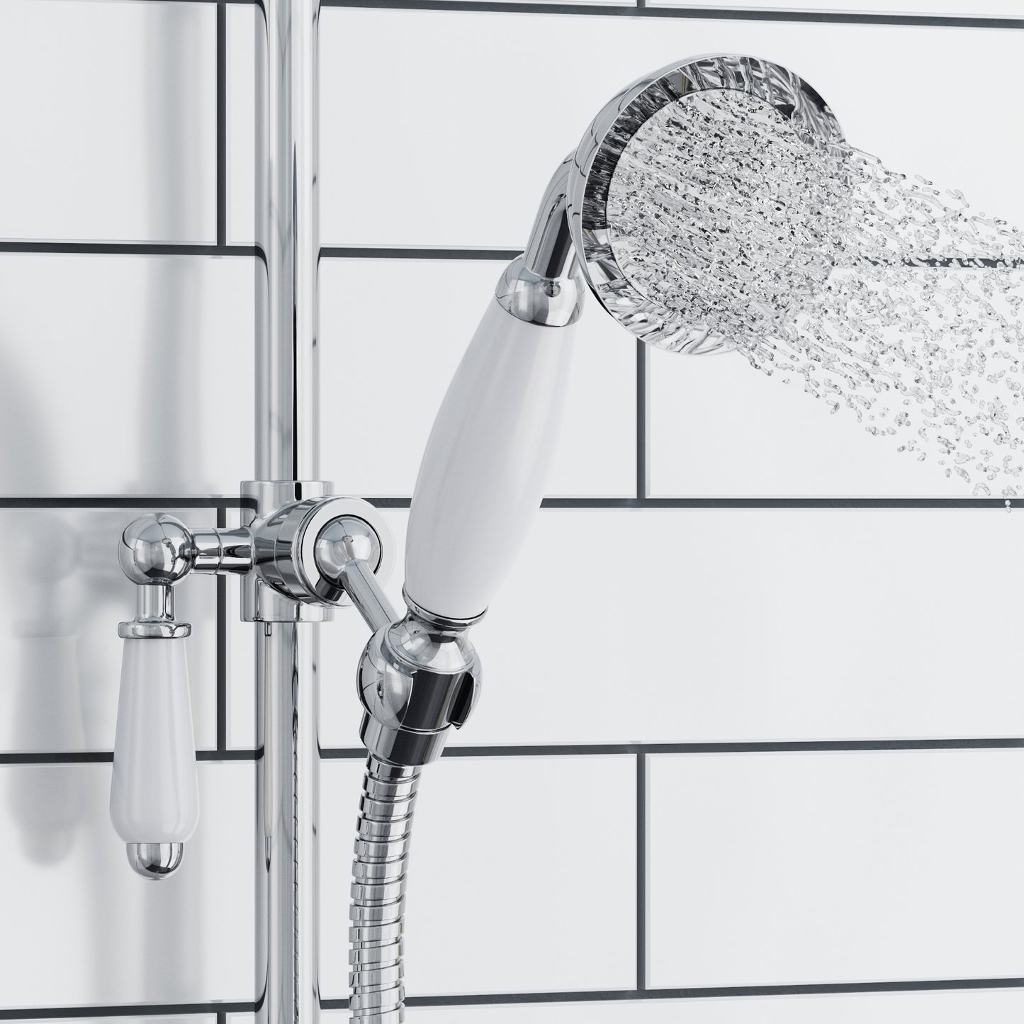 Traditional Shower Slider Rail Kit Lever Design With Brass White Ceramic Handset and Hose - Chrome