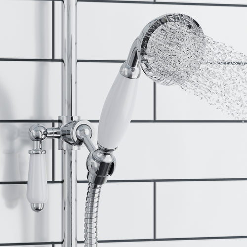 Traditional Shower Slider Rail Kit Lever Design With Brass White Ceramic Handset and Hose - Chrome