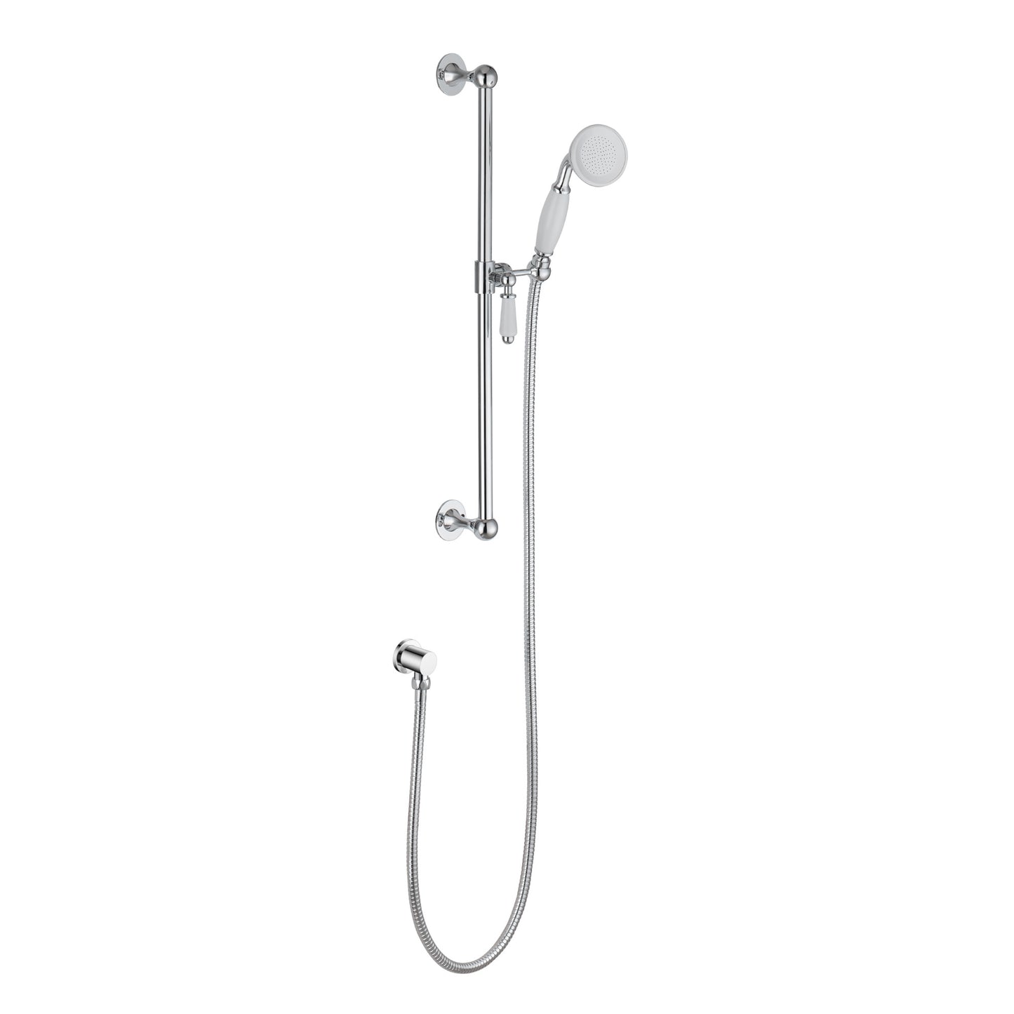 Traditional Shower Slider Rail Kit Lever Design With Brass White Ceramic Handset, Hose And Wall Elbow Outlet - Chrome