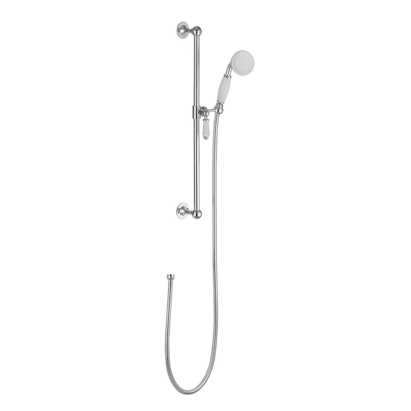 Traditional Shower Slider Rail Kit Lever Design With Brass White Ceramic Handset and Hose - Chrome