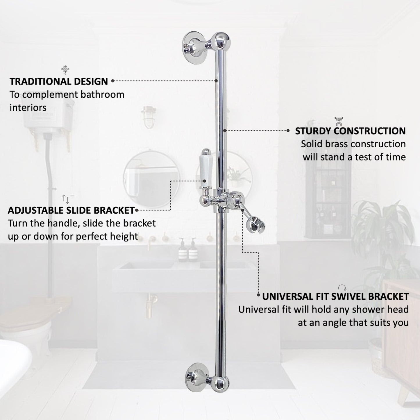 Traditional Shower Slider Rail Kit Lever Design With Brass White Ceramic Handset and Hose - Chrome