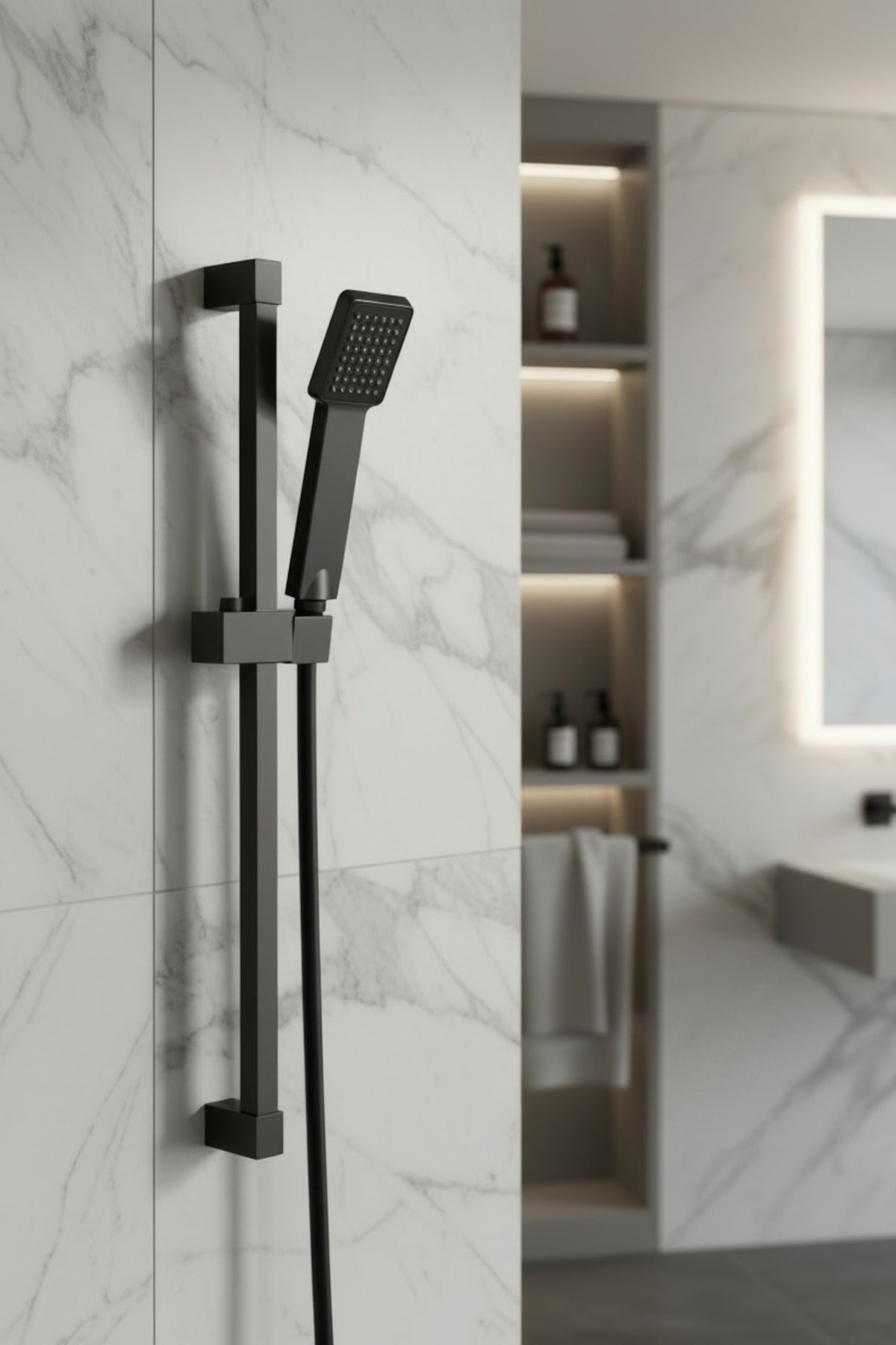 Square Design Shower Slider Riser Rail Kit With Handset And Hose - Black