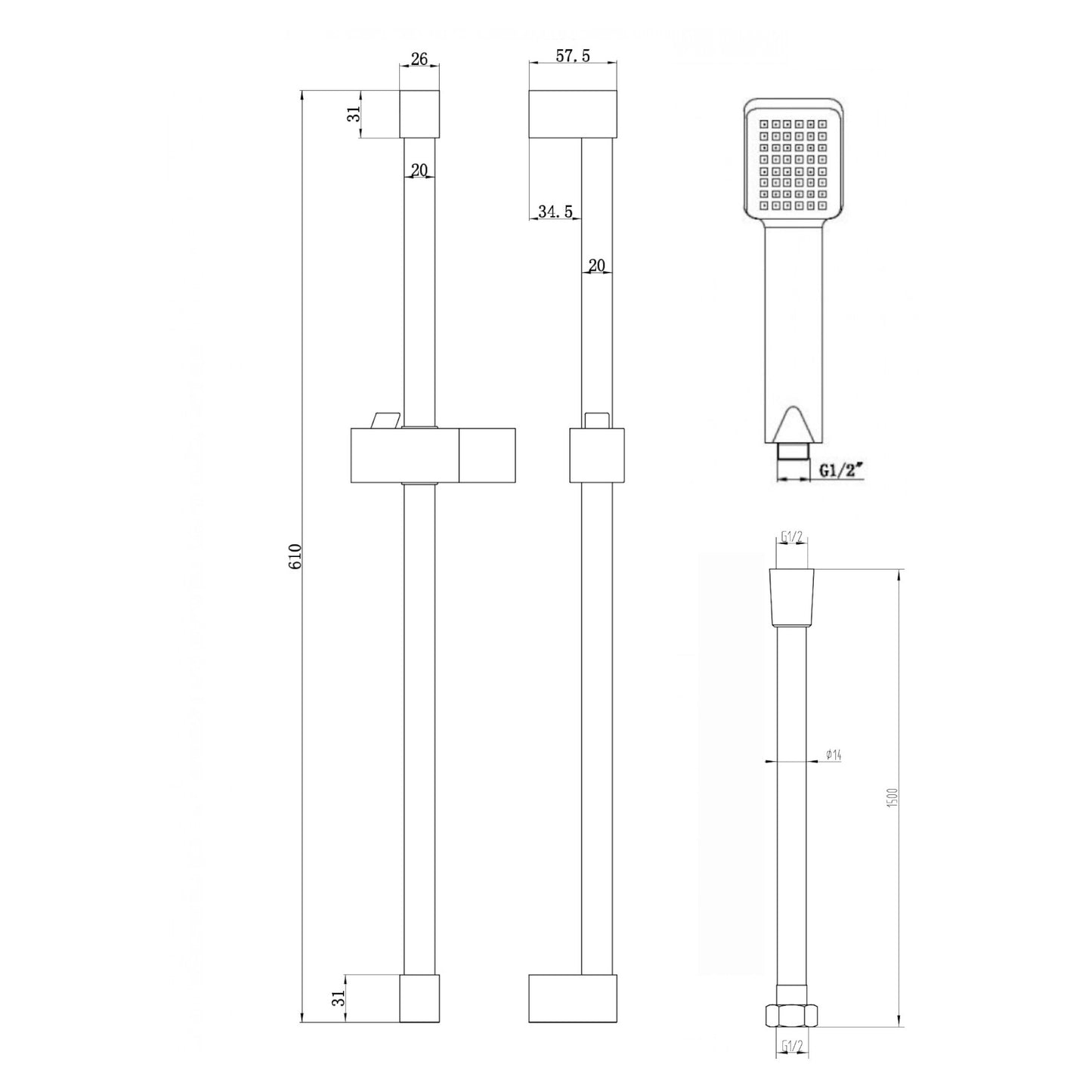 Square Design Shower Slider Riser Rail Kit With Handset And Hose - Black